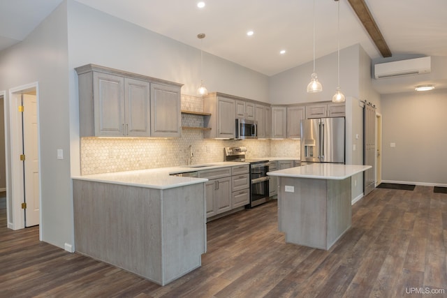 kitchen featuring stainless steel appliances, tasteful backsplash, high vaulted ceiling, dark wood-type flooring, and beamed ceiling