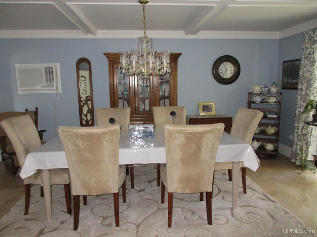 dining area with coffered ceiling, an inviting chandelier, beamed ceiling, and ornamental molding