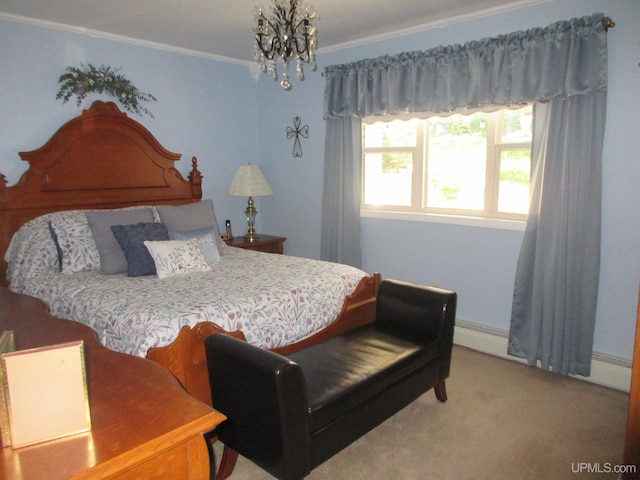 carpeted bedroom with a baseboard heating unit, crown molding, and a notable chandelier