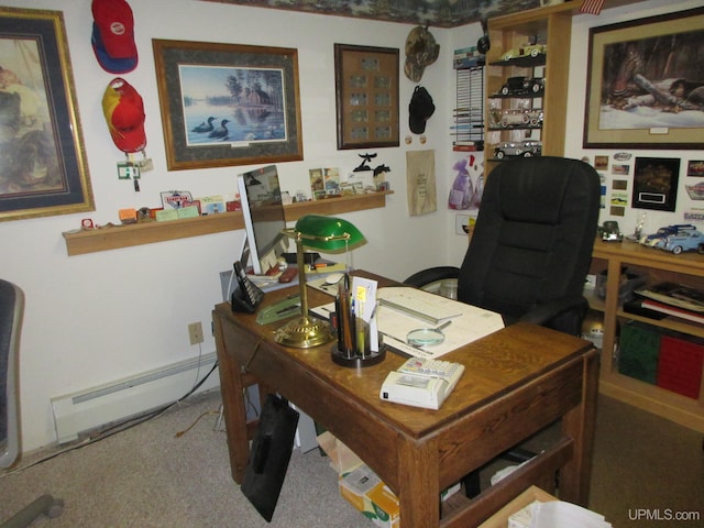 carpeted home office with a baseboard heating unit