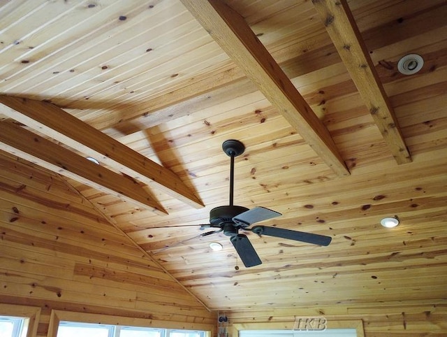 room details with wooden walls, beamed ceiling, and wood ceiling