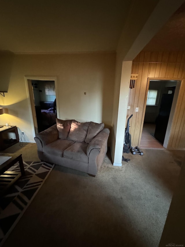 living area featuring wood walls and light colored carpet