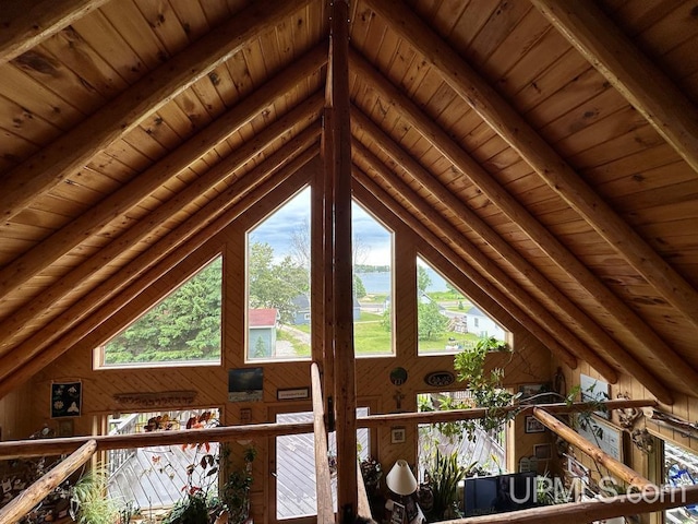 details featuring beamed ceiling, wood walls, and wooden ceiling