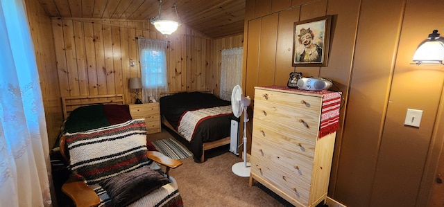 bedroom with wood walls, carpet floors, lofted ceiling, and wood ceiling