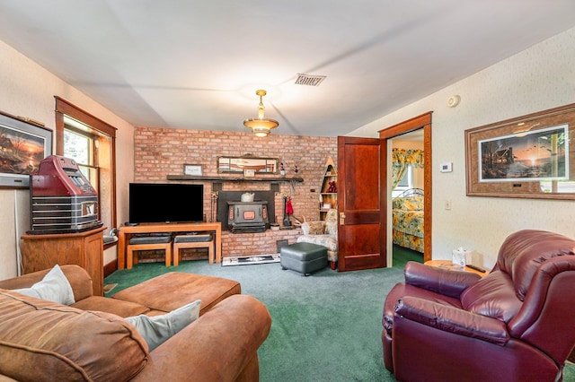 carpeted living room with a wood stove