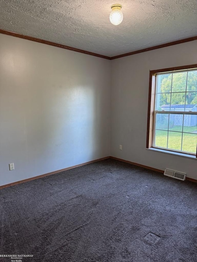 carpeted empty room featuring crown molding and a textured ceiling