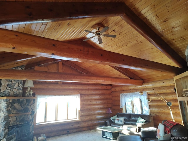 unfurnished living room with wood ceiling, log walls, lofted ceiling with beams, and ceiling fan