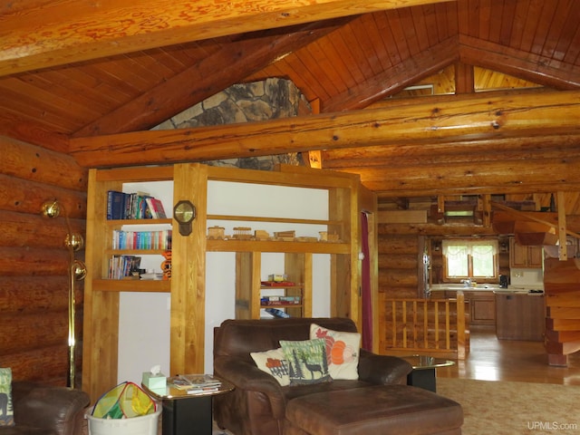 living room with rustic walls, vaulted ceiling with beams, hardwood / wood-style floors, and wooden ceiling