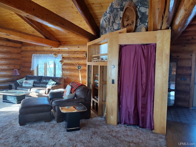 living room with lofted ceiling with beams, log walls, and wooden ceiling