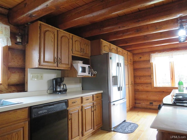 kitchen with log walls, wood ceiling, light wood-type flooring, beam ceiling, and dishwasher