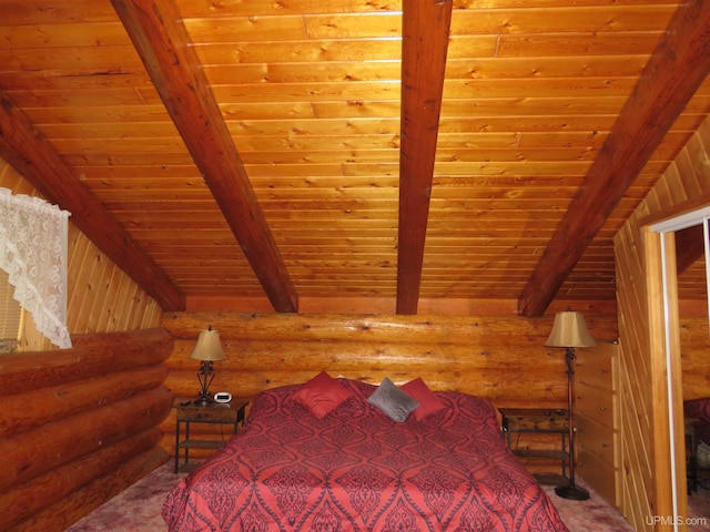 unfurnished bedroom featuring wooden ceiling, beamed ceiling, and rustic walls