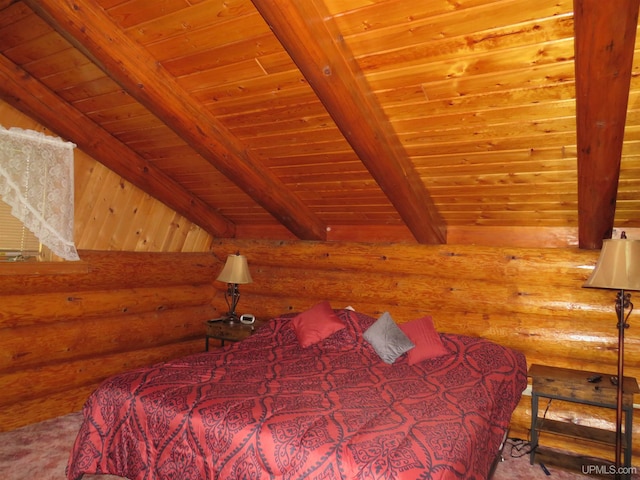 bedroom with beamed ceiling, wooden ceiling, and rustic walls