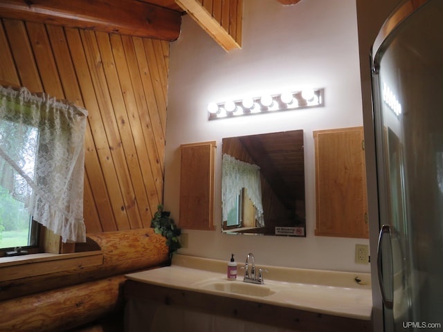 bathroom featuring vanity and wood walls