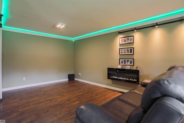 cinema room featuring baseboards, track lighting, and wood finished floors