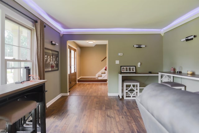 interior space with baseboards, plenty of natural light, dark wood finished floors, and stairs