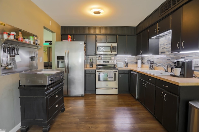 kitchen featuring sink, dark hardwood / wood-style flooring, stainless steel appliances, and tasteful backsplash