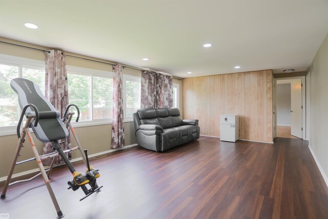 exercise room featuring wood walls, a wealth of natural light, and dark hardwood / wood-style floors