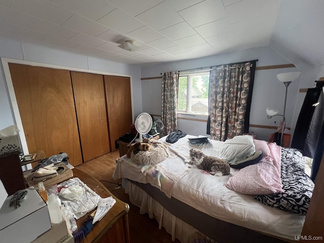 bedroom featuring light wood-type flooring, a closet, and lofted ceiling