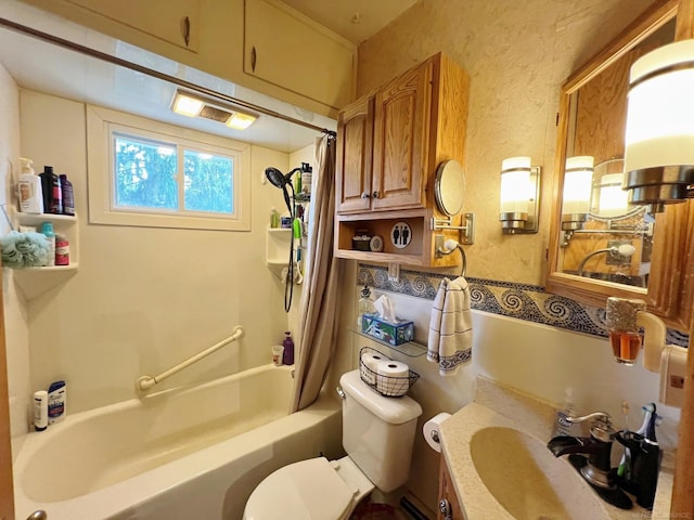 full bathroom featuring vanity, shower / bath combination with curtain, and toilet