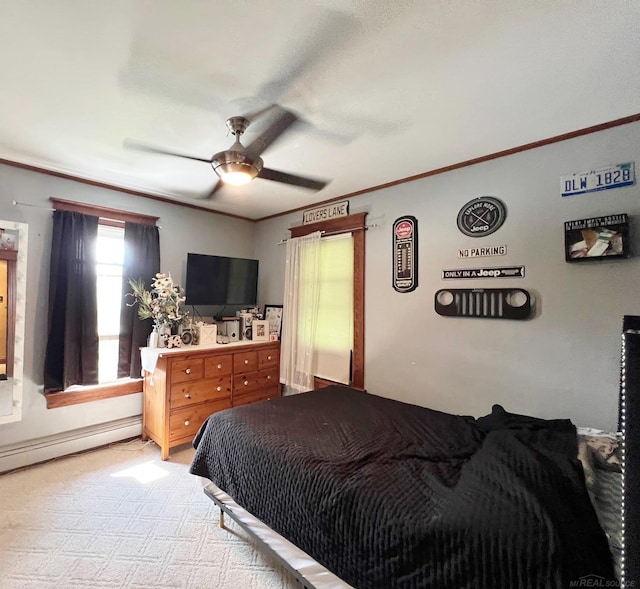 bedroom featuring light carpet, a baseboard radiator, ceiling fan, and crown molding