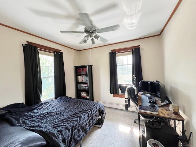 bedroom featuring light carpet and ceiling fan