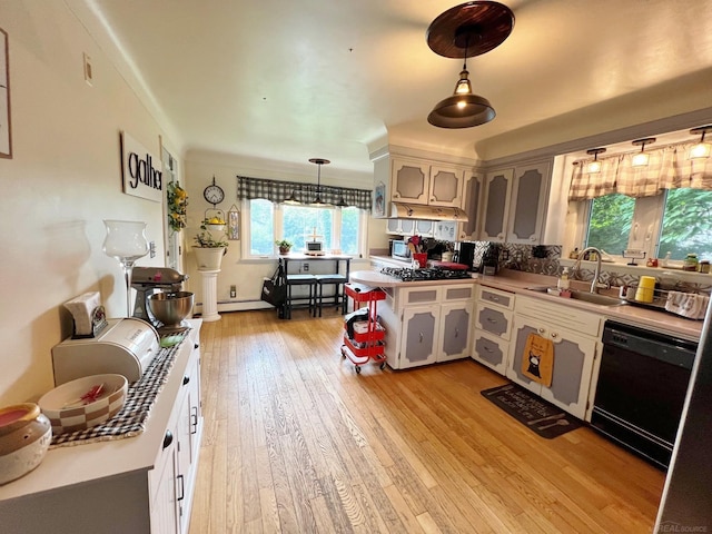 kitchen featuring sink, appliances with stainless steel finishes, pendant lighting, white cabinets, and light wood-type flooring