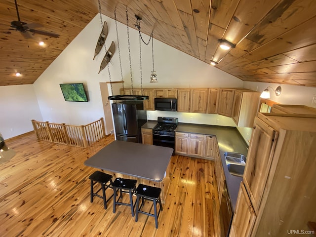 kitchen with wood ceiling, light brown cabinets, light wood-style flooring, and black appliances