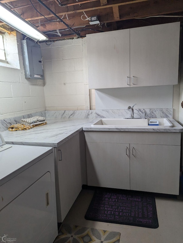 laundry room featuring cabinets, sink, and electric panel