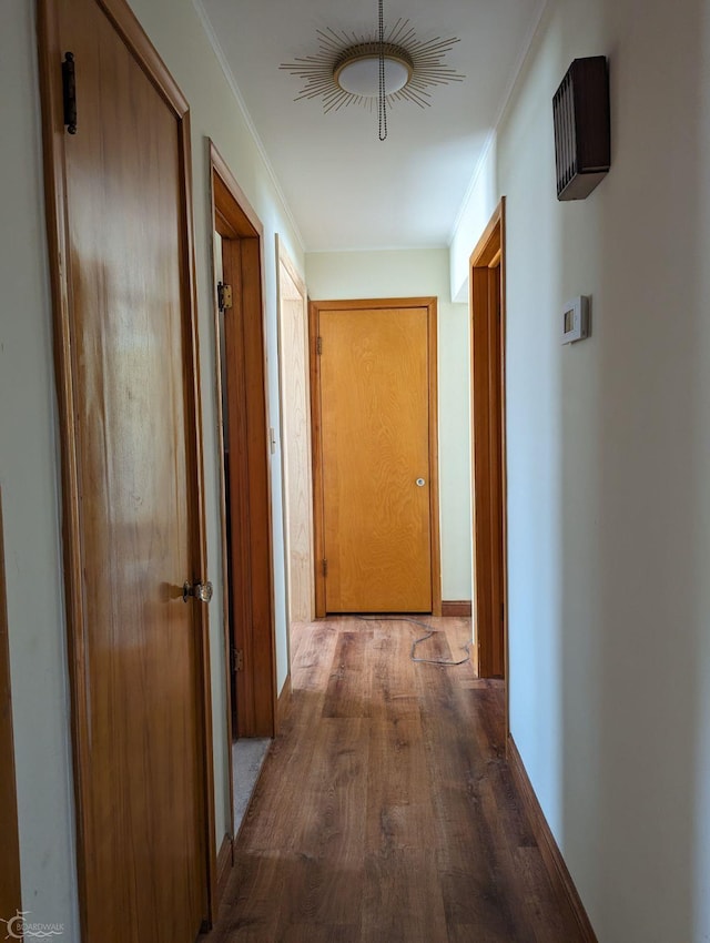 hallway with hardwood / wood-style flooring and ornamental molding