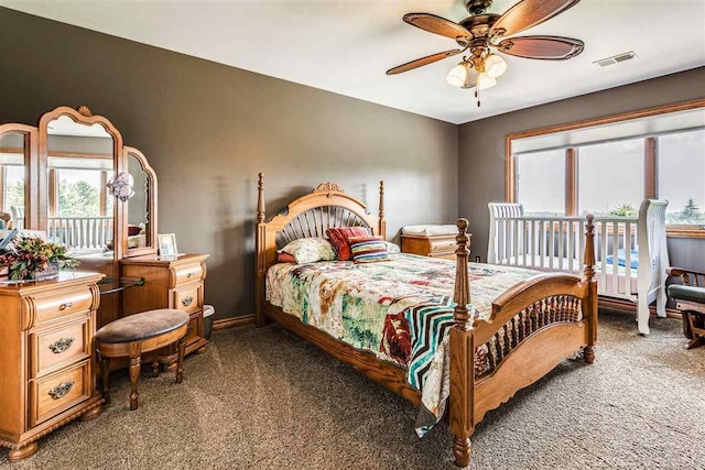 bedroom featuring carpet flooring and ceiling fan