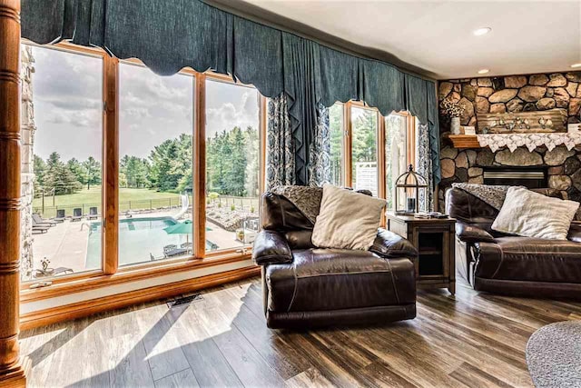 interior space with hardwood / wood-style flooring and a stone fireplace