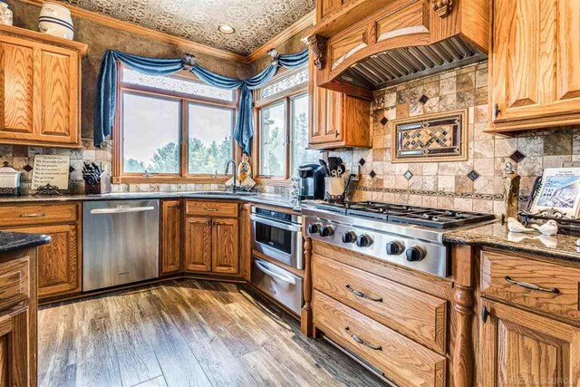 kitchen with dark wood-type flooring, appliances with stainless steel finishes, crown molding, and custom range hood