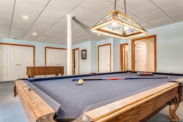 playroom featuring carpet, pool table, and a paneled ceiling