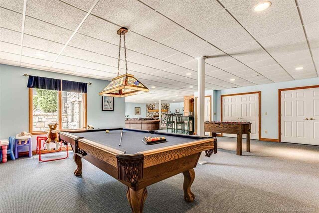 recreation room featuring billiards, carpet floors, and a paneled ceiling