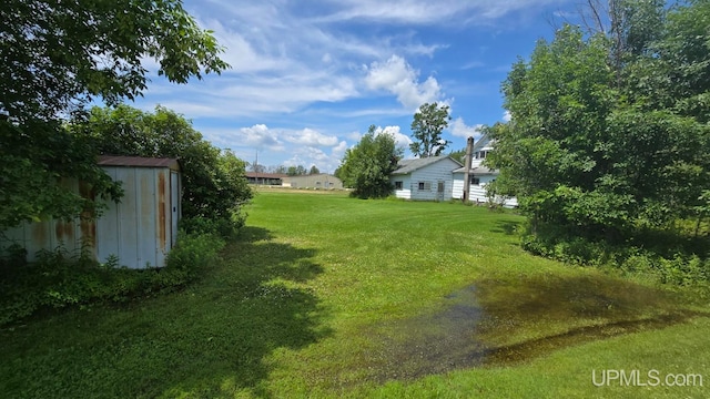 view of yard with a storage shed