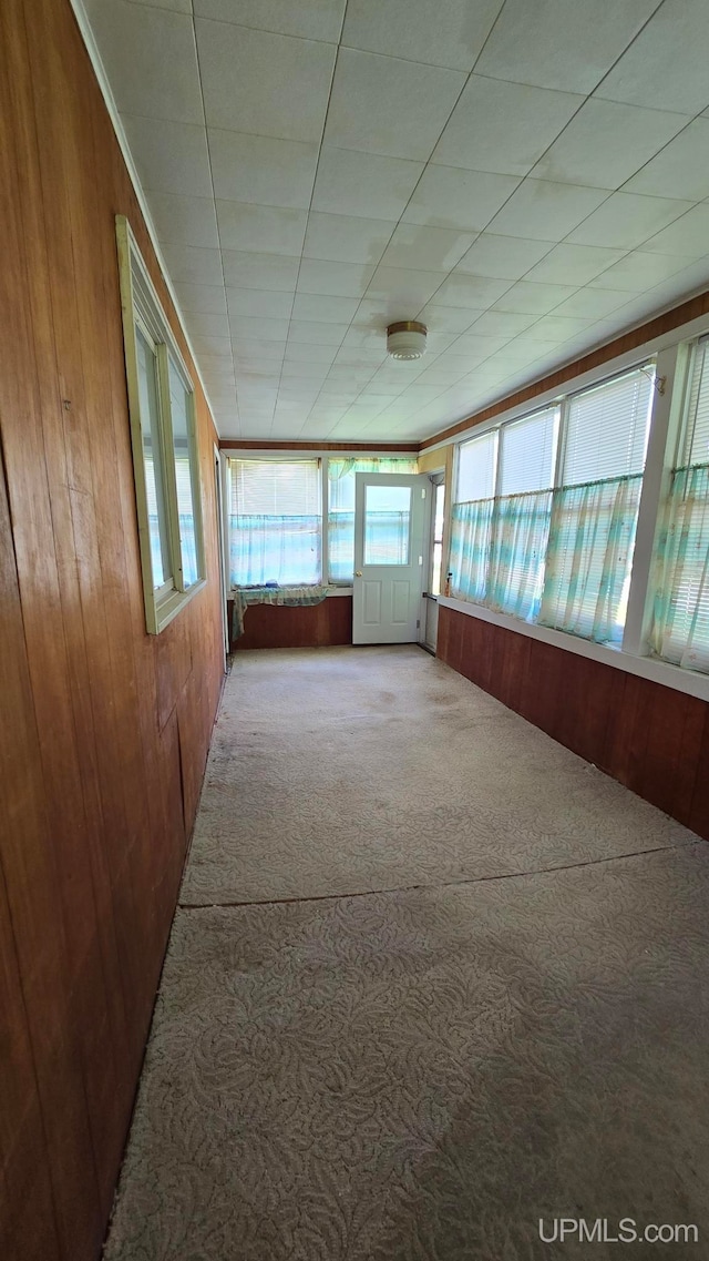 carpeted empty room featuring wooden walls