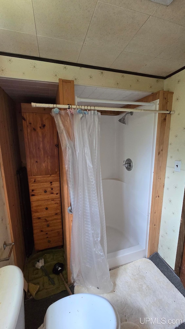 bathroom featuring walk in shower and toilet