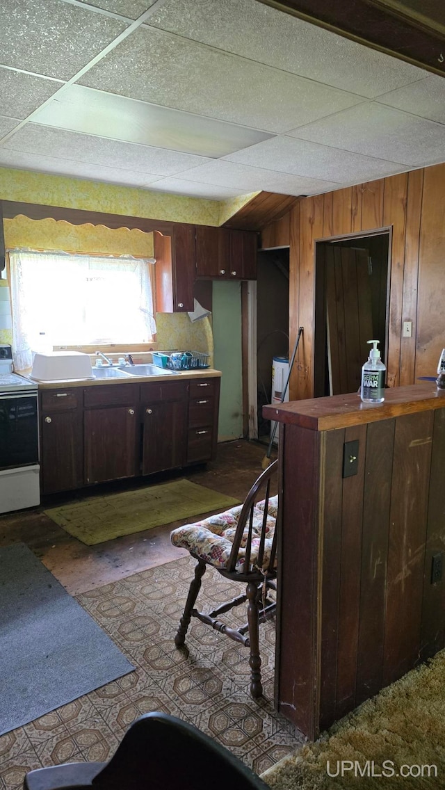 kitchen with sink, a paneled ceiling, and range with electric stovetop