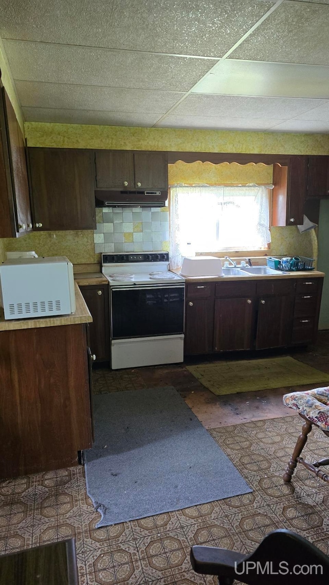 kitchen featuring dark brown cabinets, white electric stove, and backsplash