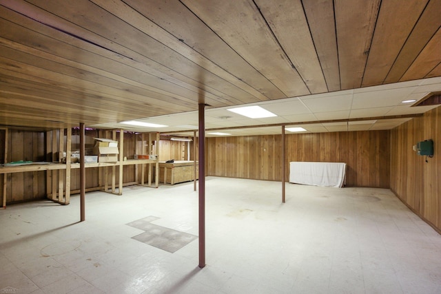 basement with wooden walls and wood ceiling