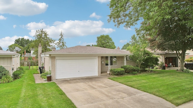 single story home featuring a front yard and a garage