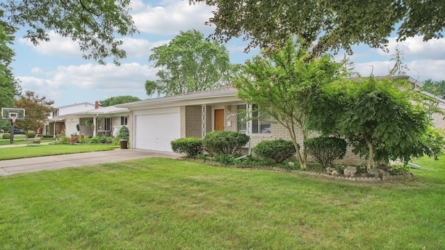 ranch-style house with a front yard and a garage