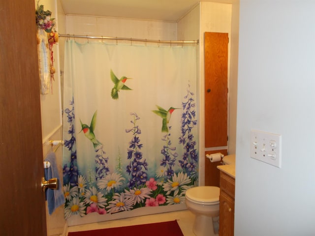 bathroom featuring toilet, vanity, and a shower with shower curtain