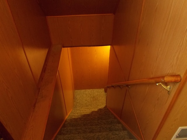 staircase with wood walls and carpet floors