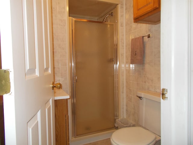 bathroom with toilet, tile walls, and walk in shower