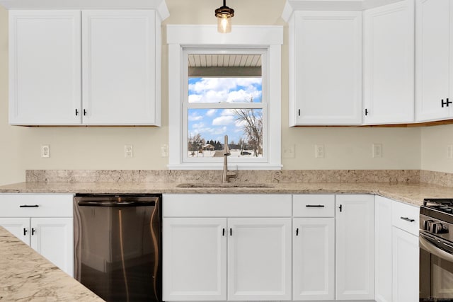 kitchen with sink, white cabinetry, stainless steel range with gas stovetop, dishwasher, and light stone countertops