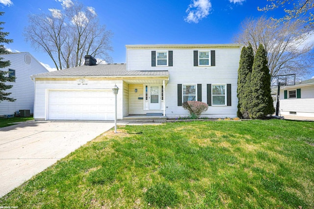 view of front of house with a garage, a front lawn, and central AC unit