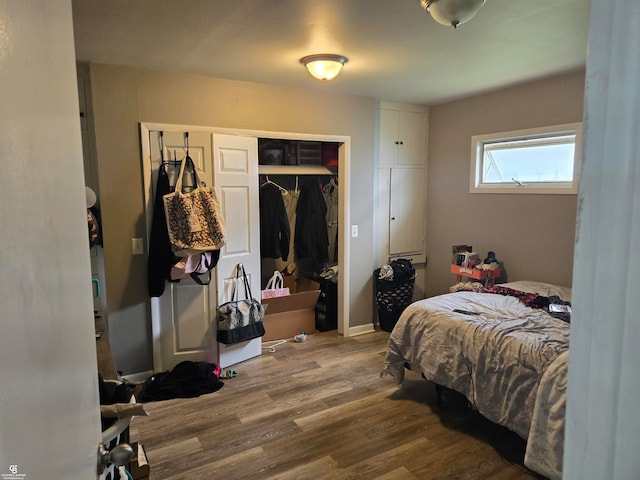 bedroom featuring hardwood / wood-style flooring, a baseboard radiator, and a closet