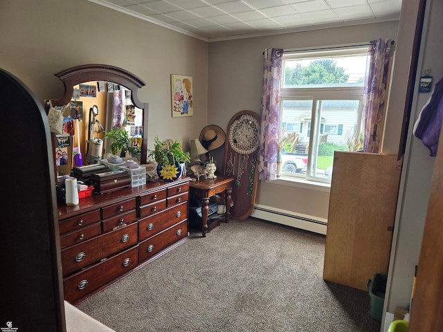 bedroom featuring a baseboard radiator, light colored carpet, and crown molding