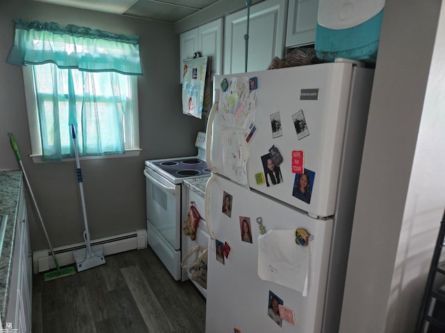 kitchen with dark hardwood / wood-style flooring, white appliances, light stone counters, and a baseboard radiator